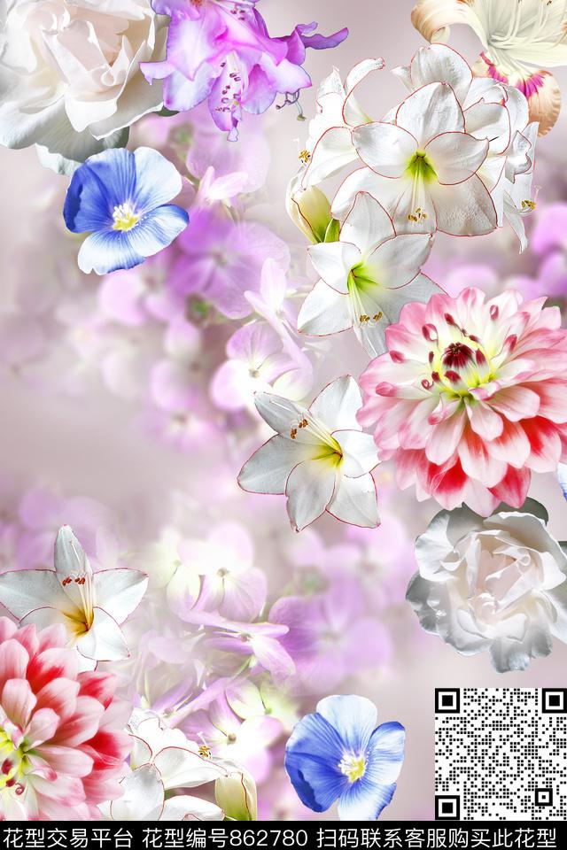 花卉真花大丽花数码印花华亿平台下载（图片编号: 862780） - 瓦栏（Walan）