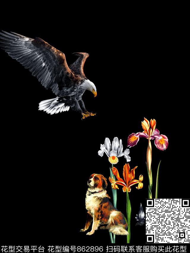 老鹰狗鸢尾花数码印花华亿平台下载（图片编号: 862896） - 瓦栏（Walan）