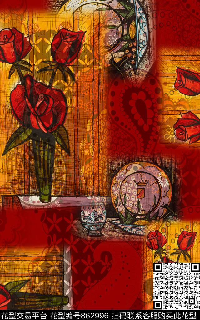 花朵花卉中国风数码印花华亿平台下载（图片编号: 862996） - 瓦栏（Walan）