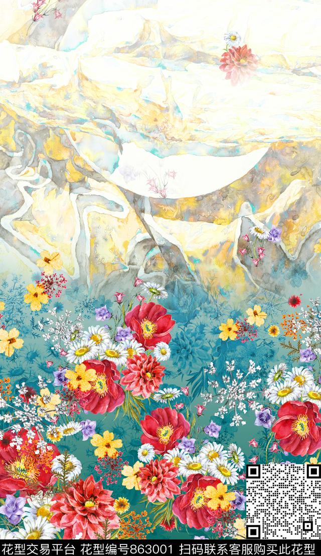 花卉大花水彩数码印花华亿平台下载（图片编号: 863001） - 瓦栏（Walan）