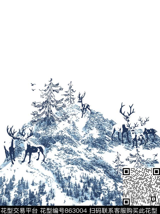 雪山鹿树传统印花华亿平台下载（图片编号: 863004） - 瓦栏（Walan）