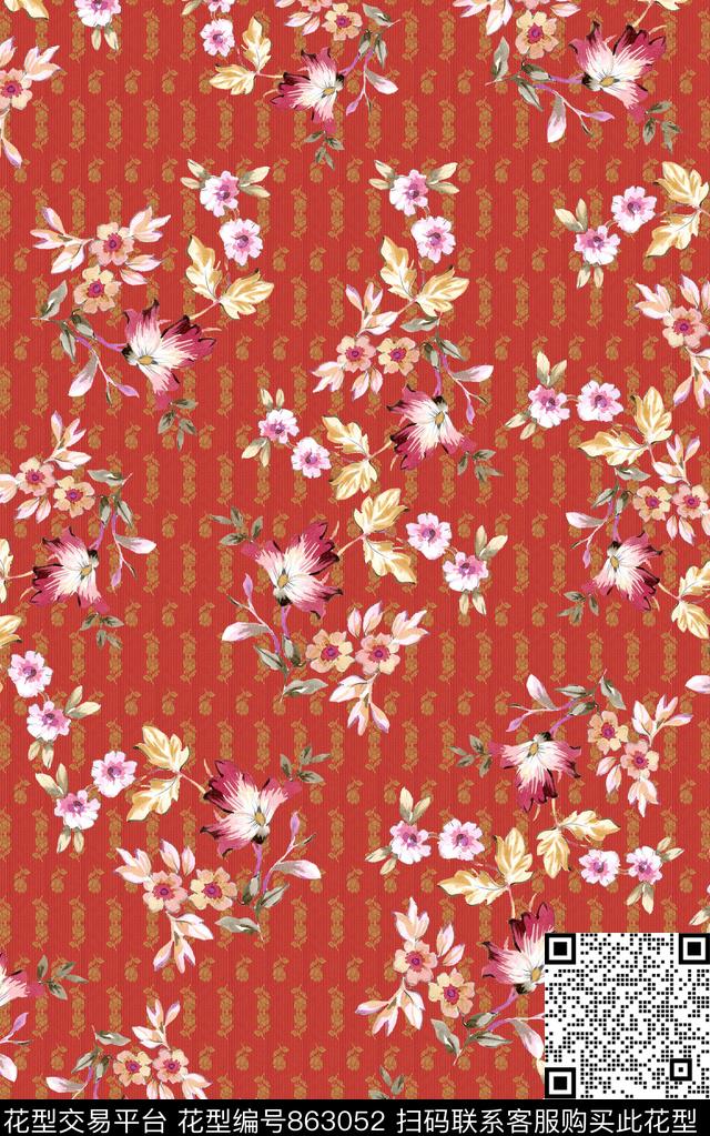 花卉手绘波西米亚数码印花华亿平台下载（图片编号: 863052） - 瓦栏（Walan）