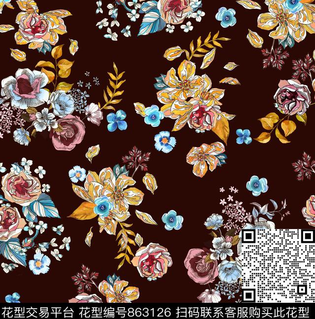 花卉组合玫瑰花散花数码印花华亿平台下载（图片编号: 863126） - 瓦栏（Walan）