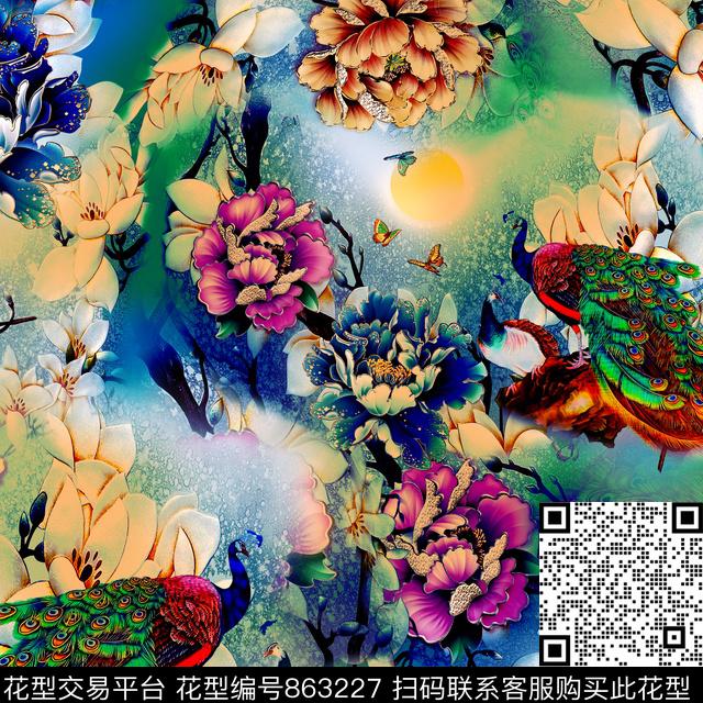香云纱大气花孔雀数码印花华亿平台下载（图片编号: 863227） - 瓦栏（Walan）