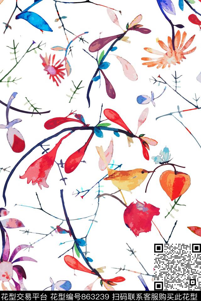 花鸟花卉水彩数码印花华亿平台下载（图片编号: 863239） - 瓦栏（Walan）