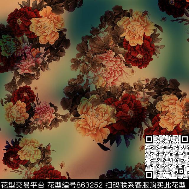 香云纱复古旧牡丹数码印花华亿平台下载（图片编号: 863252） - 瓦栏（Walan）
