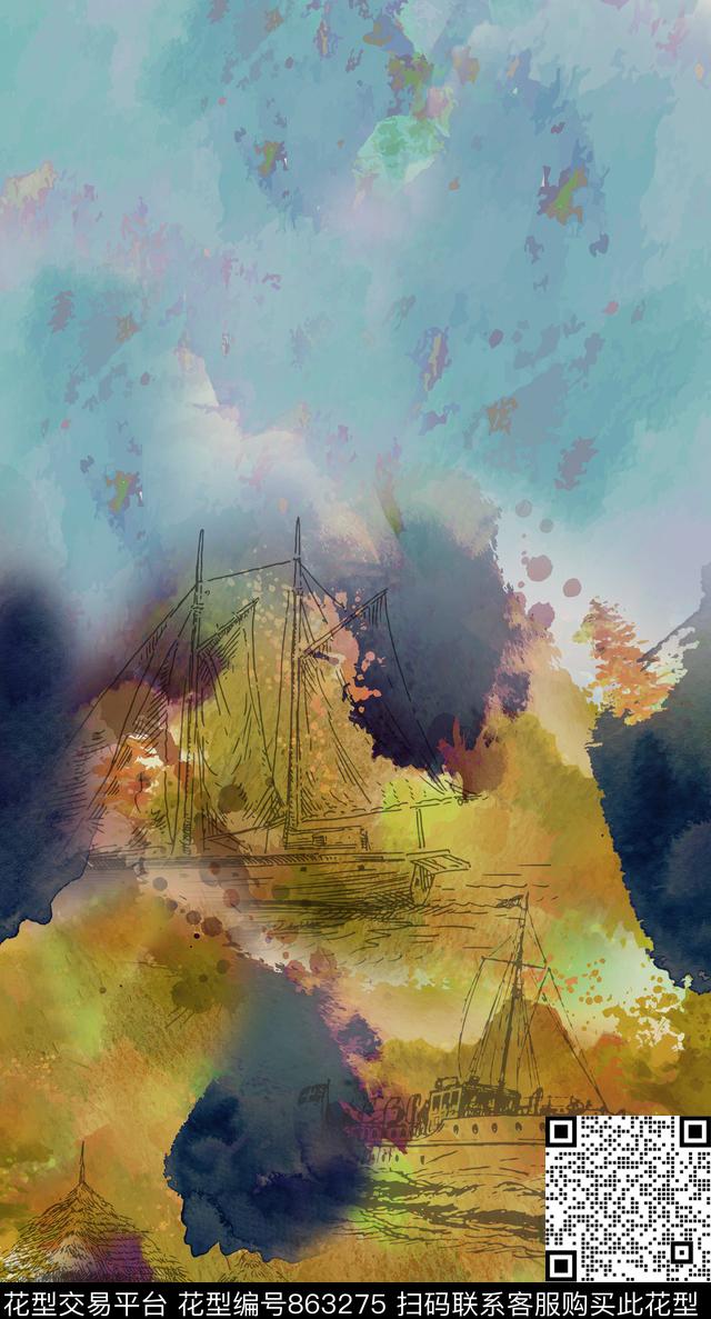 复古船只抽象数码印花华亿平台下载（图片编号: 863275） - 瓦栏（Walan）