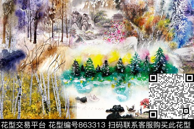 山水欧式手绘花卉数码印花华亿平台下载（图片编号: 863313） - 瓦栏（Walan）