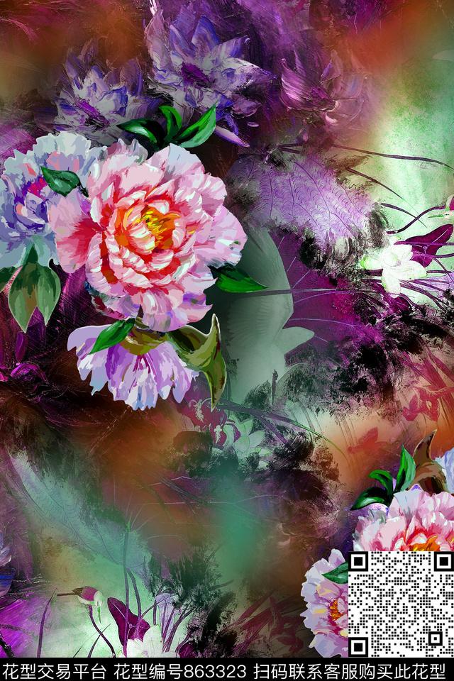 花卉牡丹油画数码印花华亿平台下载（图片编号: 863323） - 瓦栏（Walan）