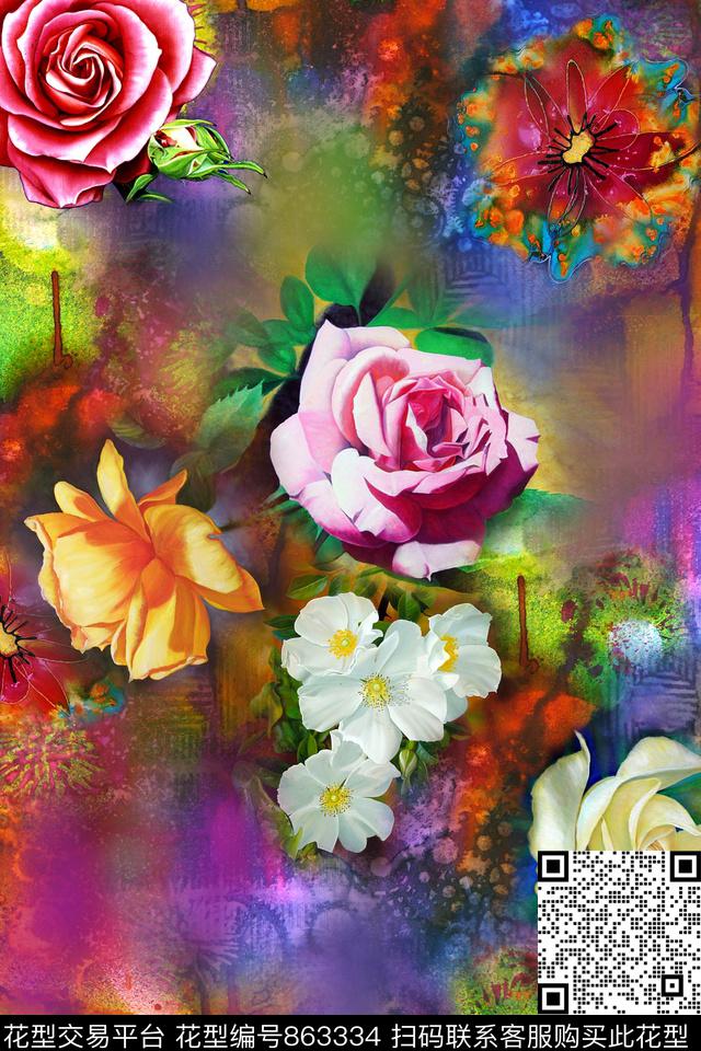 花卉水彩肌理数码印花华亿平台下载（图片编号: 863334） - 瓦栏（Walan）
