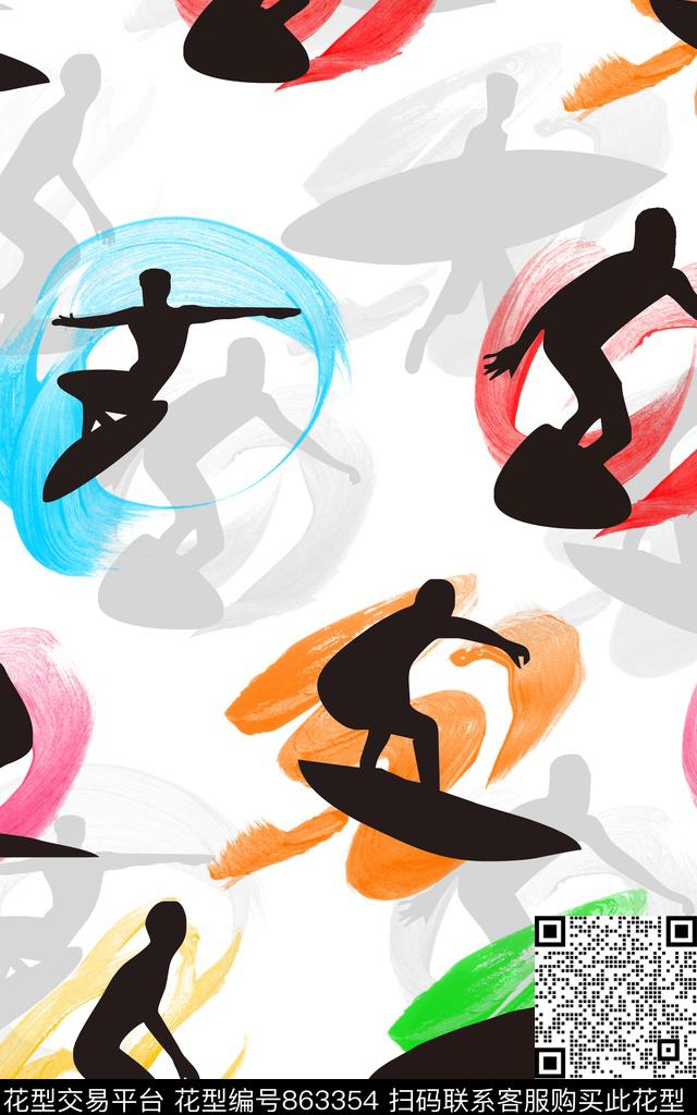 趣味运动人物冲浪手绘风传统印花华亿平台下载（图片编号: 863354） - 瓦栏（Walan）