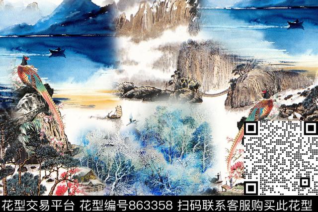 山水欧式手绘花卉数码印花华亿平台下载（图片编号: 863358） - 瓦栏（Walan）