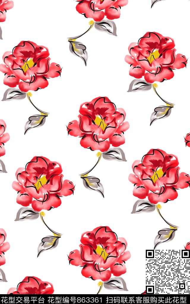 花卉水彩风格写意数码印花华亿平台下载（图片编号: 863361） - 瓦栏（Walan）