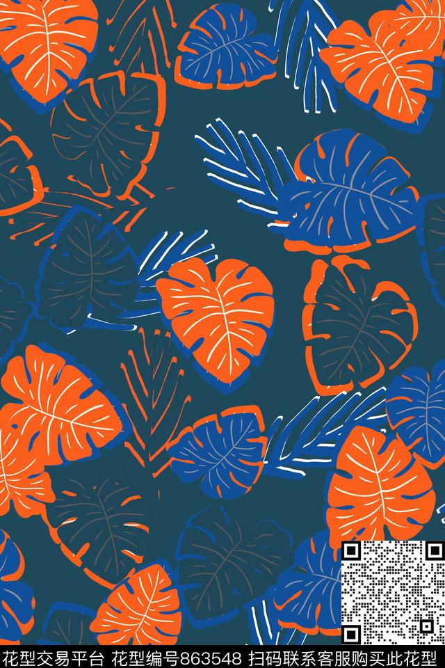 潮流时尚热带风情棕榈叶数码印花华亿平台下载（图片编号: 863548） - 瓦栏（Walan）