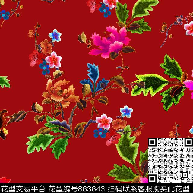 香云纱艺术花卉彩染数码印花华亿平台下载（图片编号: 863643） - 瓦栏（Walan）