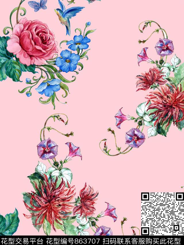 牵牛花康乃馨花朵数码印花华亿平台下载（图片编号: 863707） - 瓦栏（Walan）