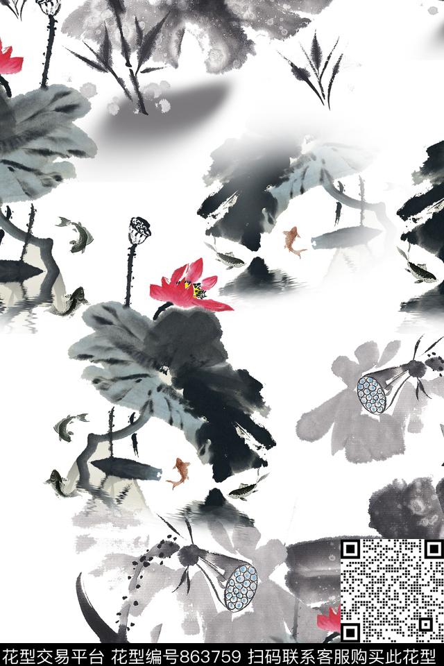 荷花水墨中国风数码印花华亿平台下载（图片编号: 863759） - 瓦栏（Walan）