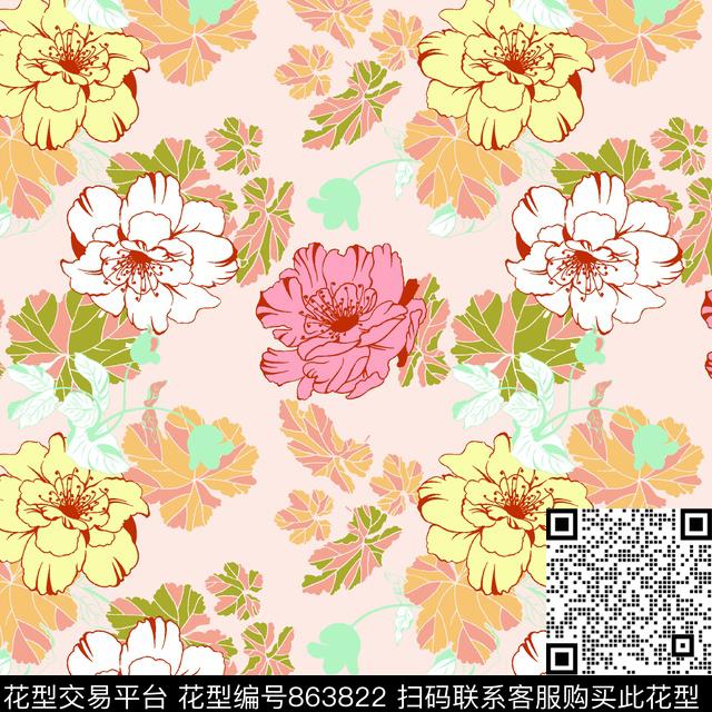 大花花朵花卉数码印花华亿平台下载（图片编号: 863822） - 瓦栏（Walan）