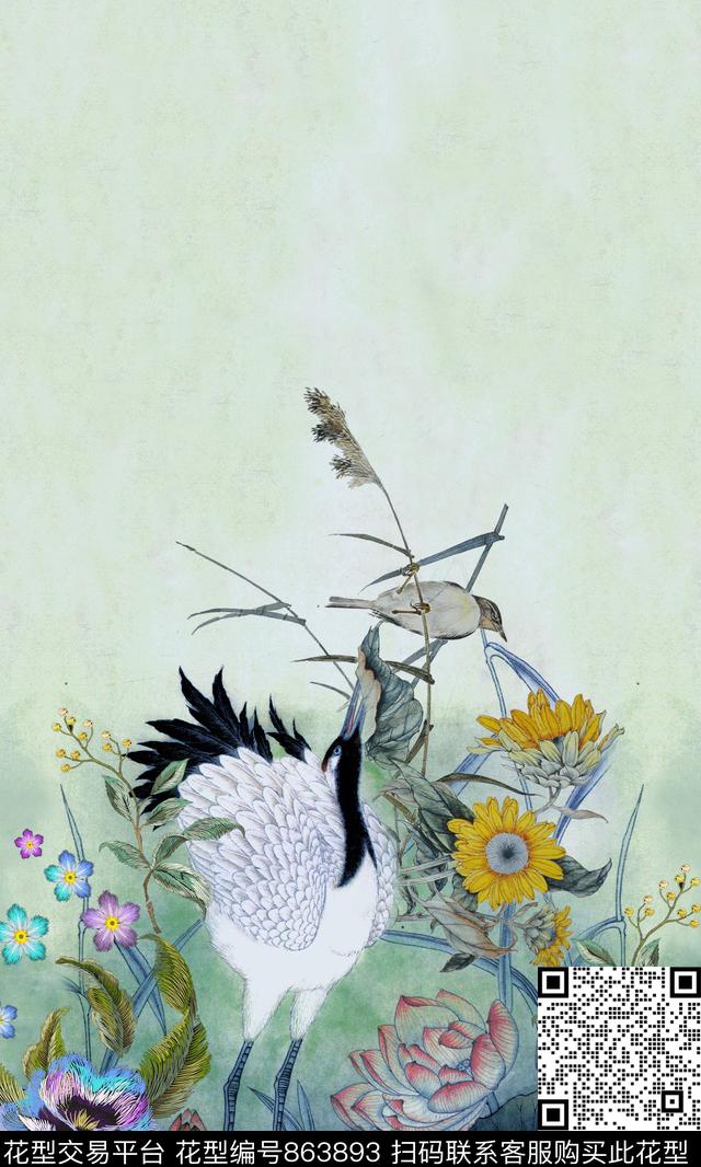 花鸟向日葵鹤数码印花华亿平台下载（图片编号: 863893） - 瓦栏（Walan）