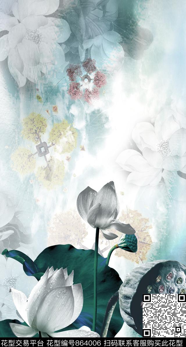 花卉定位华亿平台荷花数码印花华亿平台下载（图片编号: 864006） - 瓦栏（Walan）