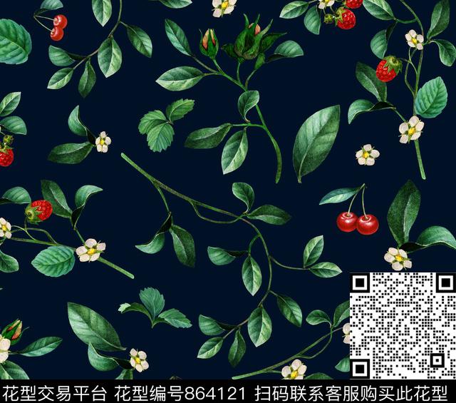 水彩花樱桃草莓数码印花华亿平台下载（图片编号: 864121） - 瓦栏（Walan）
