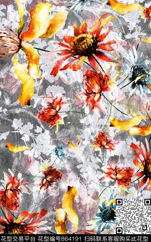 水彩花卉肌理数码印花华亿平台下载（图片编号: 864191） - 瓦栏（Walan）