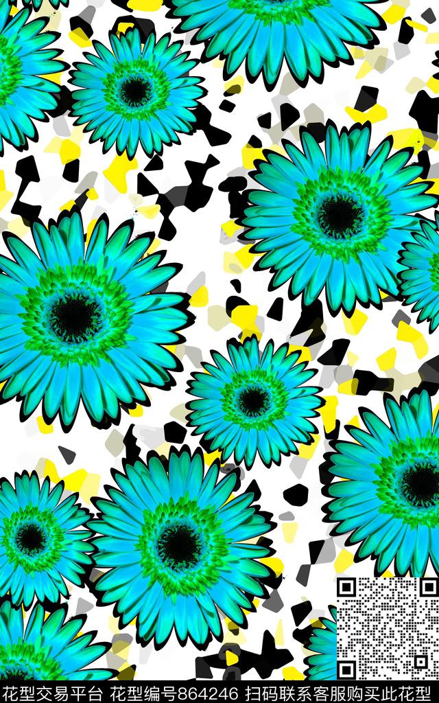清新淡雅时尚写意雏菊数码印花华亿平台下载（图片编号: 864246） - 瓦栏（Walan）