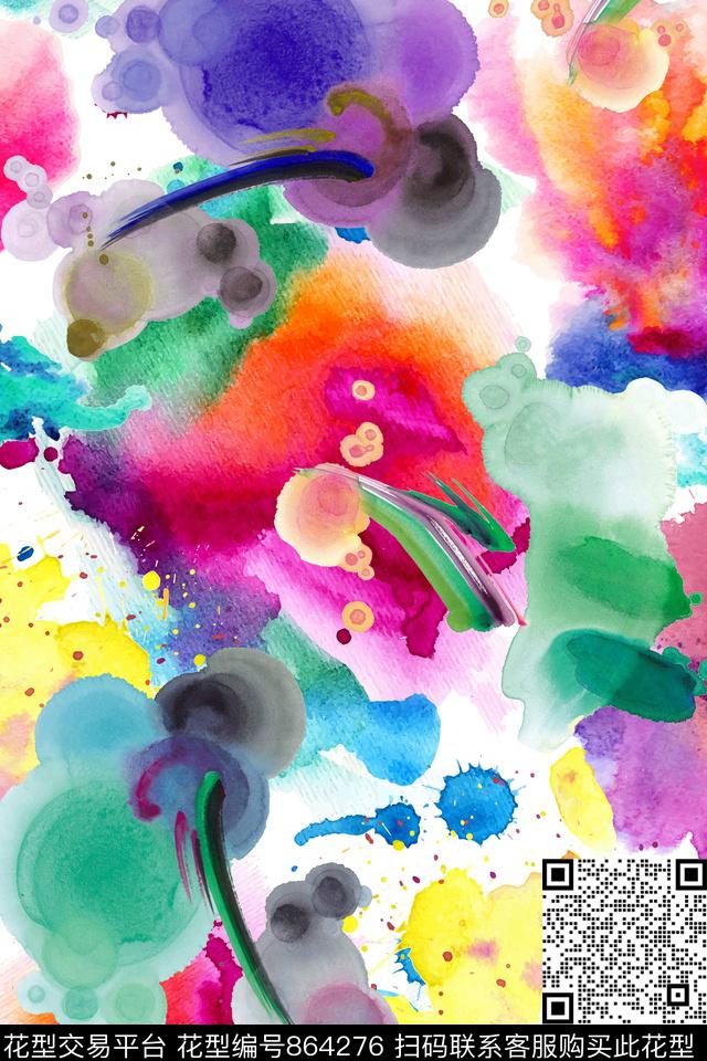 水彩抽象多彩数码印花华亿平台下载（图片编号: 864276） - 瓦栏（Walan）