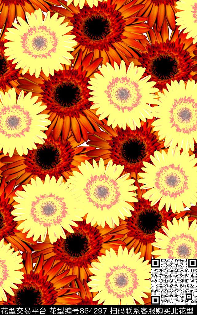 花卉雏菊写意数码印花华亿平台下载（图片编号: 864297） - 瓦栏（Walan）