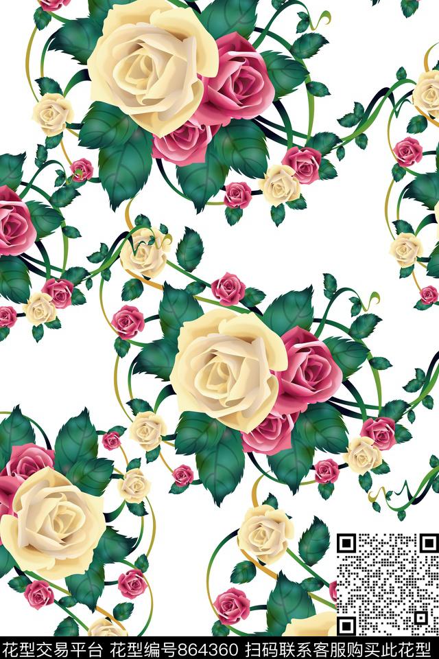 牡丹玫瑰大花数码印花华亿平台下载（图片编号: 864360） - 瓦栏（Walan）