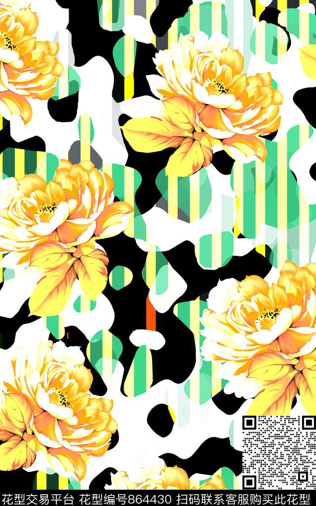 时尚活力迷彩机理条纹花卉数码印花华亿平台下载（图片编号: 864430） - 瓦栏（Walan）