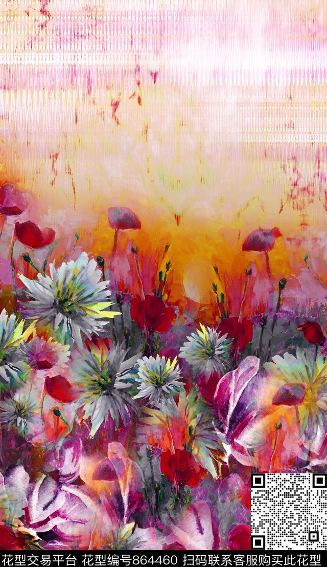 大花水彩花卉数码印花华亿平台下载（图片编号: 864460） - 瓦栏（Walan）