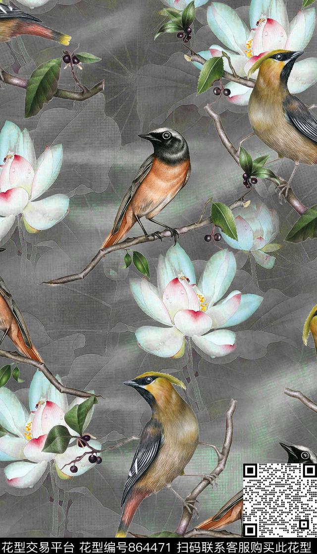 荷花鸟中国风数码印花华亿平台下载（图片编号: 864471） - 瓦栏（Walan）
