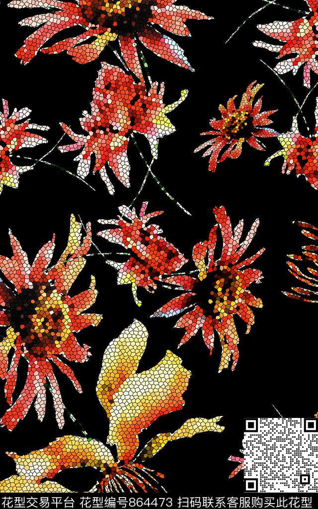 大花花朵花卉数码印花华亿平台下载（图片编号: 864473） - 瓦栏（Walan）