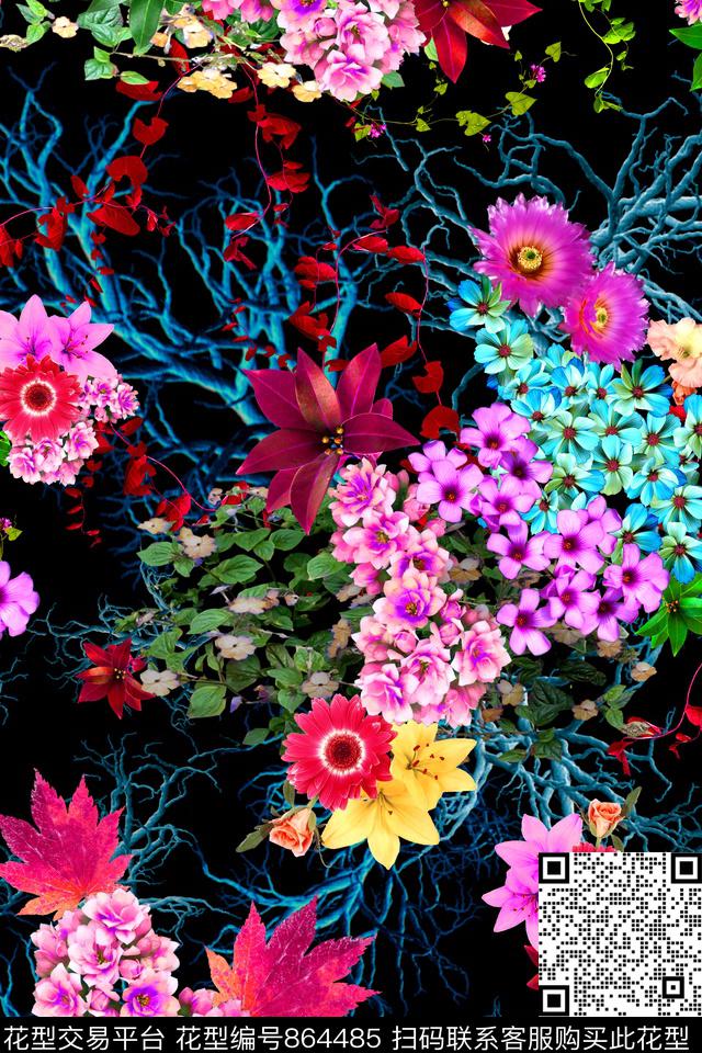 小碎花大花花卉数码印花华亿平台下载（图片编号: 864485） - 瓦栏（Walan）