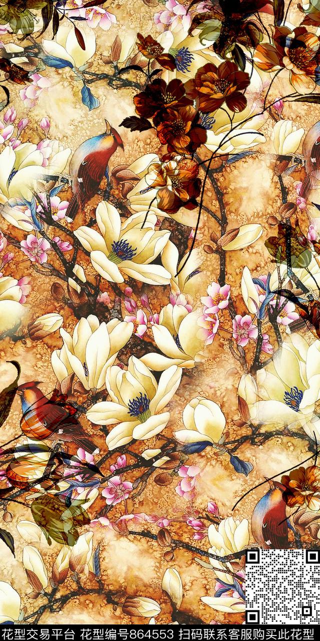 乱花玉兰花数码数码印花华亿平台下载（图片编号: 864553） - 瓦栏（Walan）