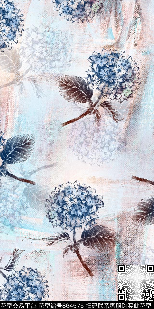 绣球花大花数码数码印花华亿平台下载（图片编号: 864575） - 瓦栏（Walan）