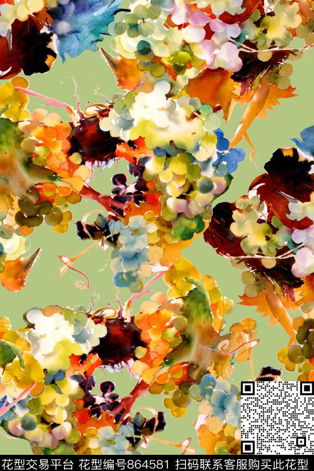 抽象水彩葡萄数码印花华亿平台下载（图片编号: 864581） - 瓦栏（Walan）