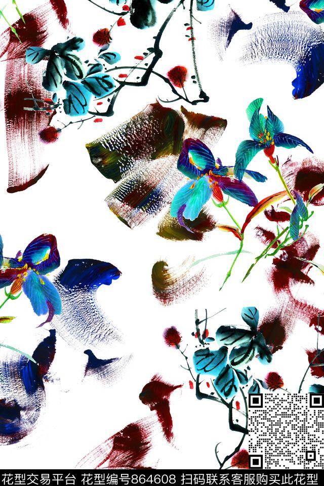 中国风水彩笔触数码印花华亿平台下载（图片编号: 864608） - 瓦栏（Walan）