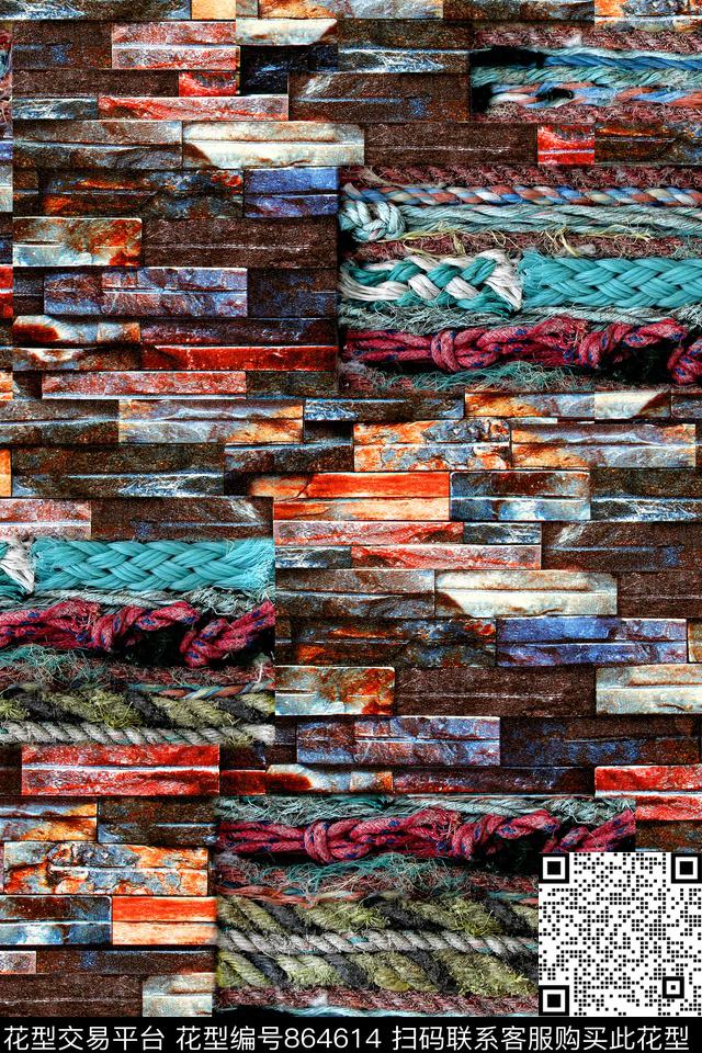 抽象砖块麻绳数码印花华亿平台下载（图片编号: 864614） - 瓦栏（Walan）