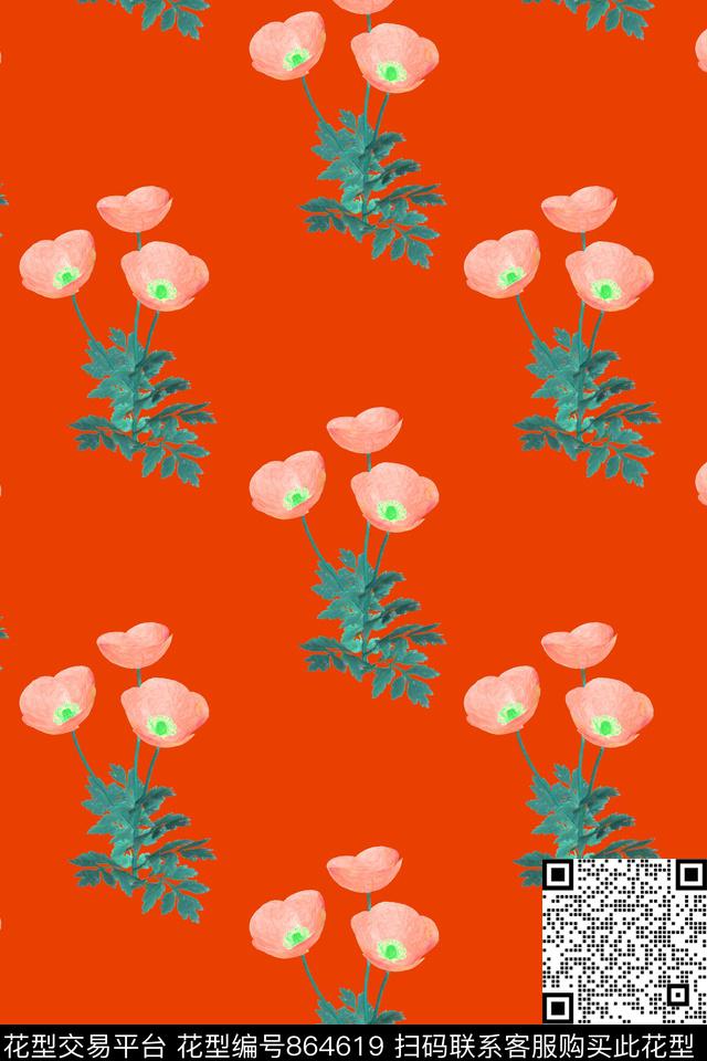 花卉植物手绘笔触女装传统印花华亿平台下载（图片编号: 864619） - 瓦栏（Walan）