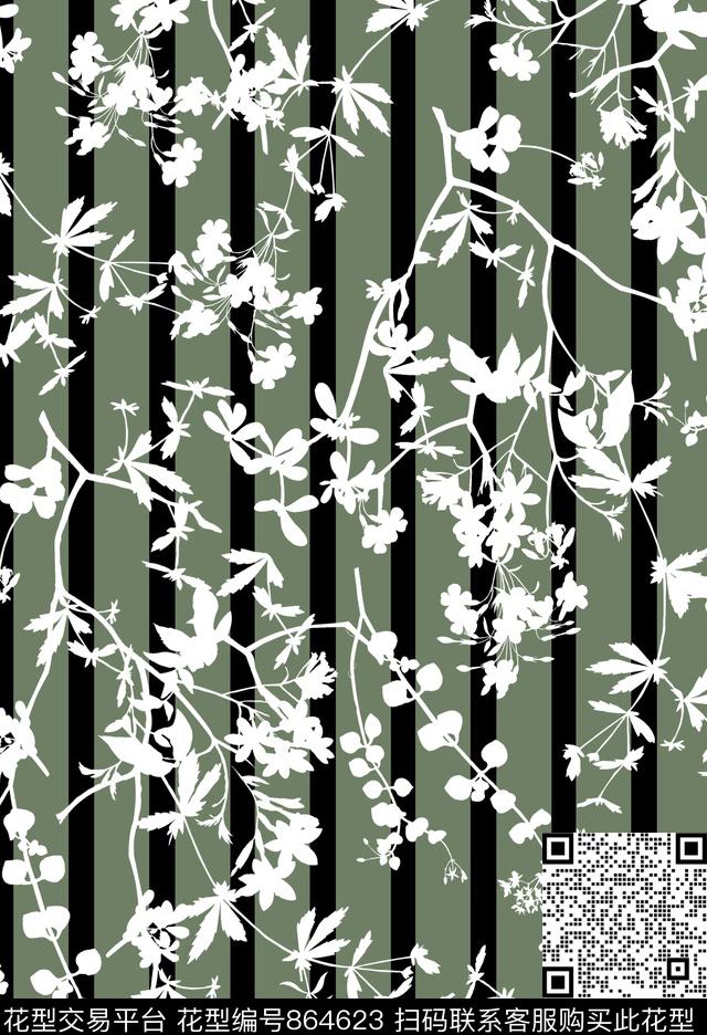 小清新花卉条子传统印花华亿平台下载（图片编号: 864623） - 瓦栏（Walan）