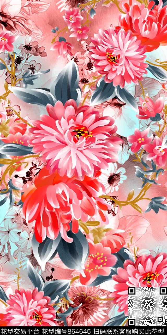 大花乱花花卉数码印花华亿平台下载（图片编号: 864645） - 瓦栏（Walan）