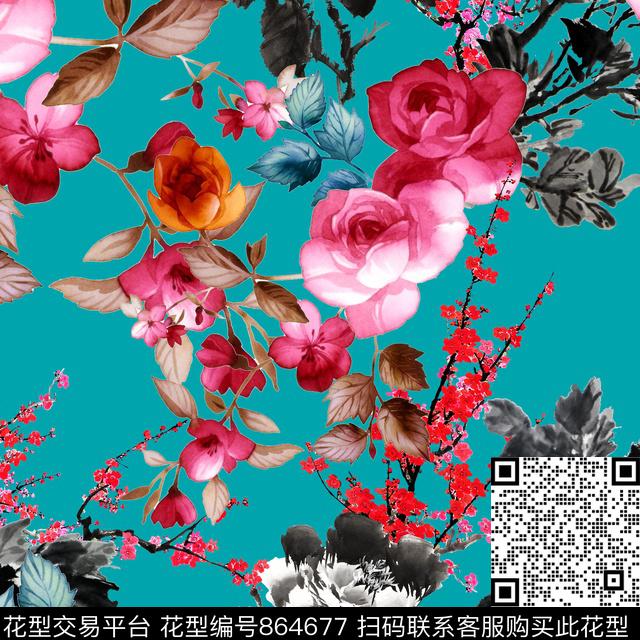 艺术彩色红玫瑰艺术花卉数码印花华亿平台下载（图片编号: 864677） - 瓦栏（Walan）