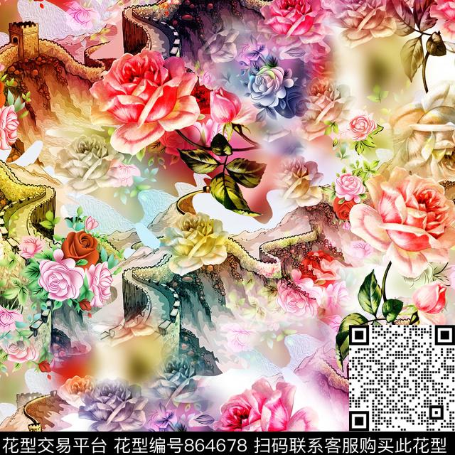 艺术彩色艺术花卉玫瑰数码印花华亿平台下载（图片编号: 864678） - 瓦栏（Walan）