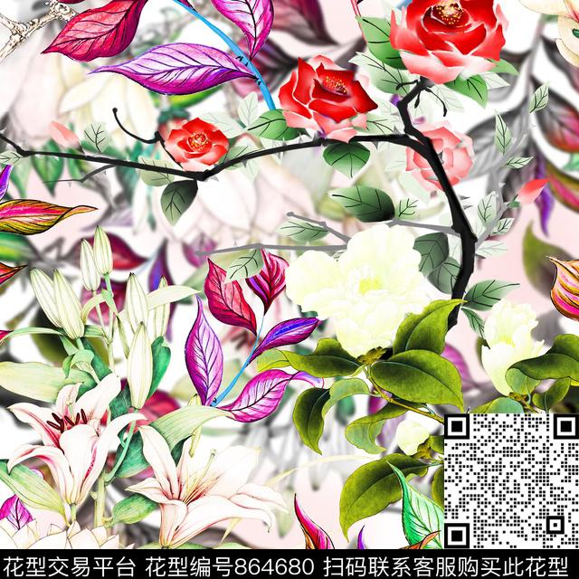 手绘花卉彩染艺术彩色数码印花华亿平台下载（图片编号: 864680） - 瓦栏（Walan）