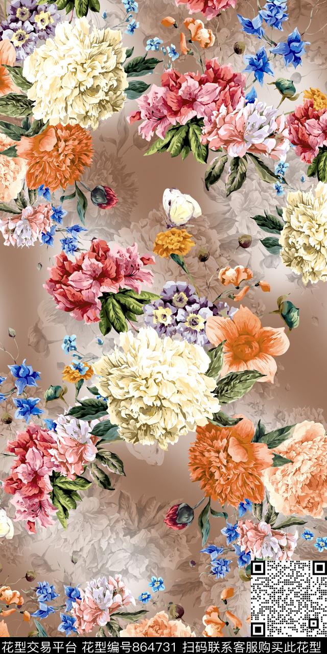 大花乱花花卉数码印花华亿平台下载（图片编号: 864731） - 瓦栏（Walan）