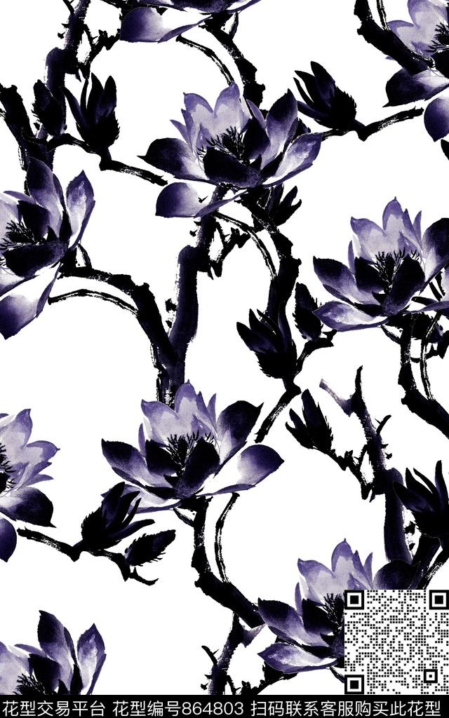 写意牡丹黑白数码印花华亿平台下载（图片编号: 864803） - 瓦栏（Walan）