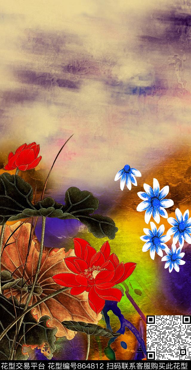 定位香云纱荷花数码印花华亿平台下载（图片编号: 864812） - 瓦栏（Walan）