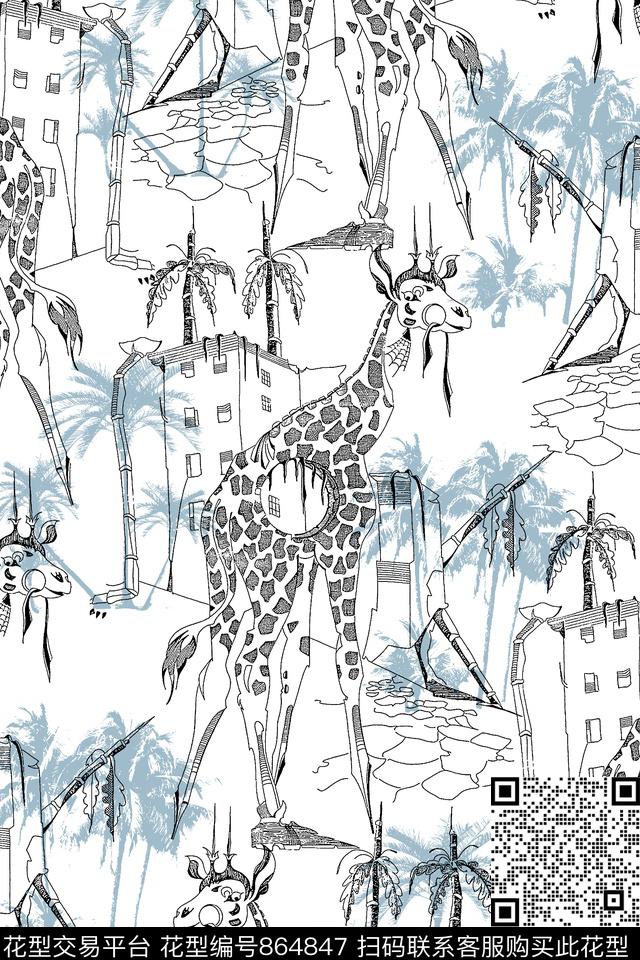 长颈鹿草树传统印花华亿平台下载（图片编号: 864847） - 瓦栏（Walan）